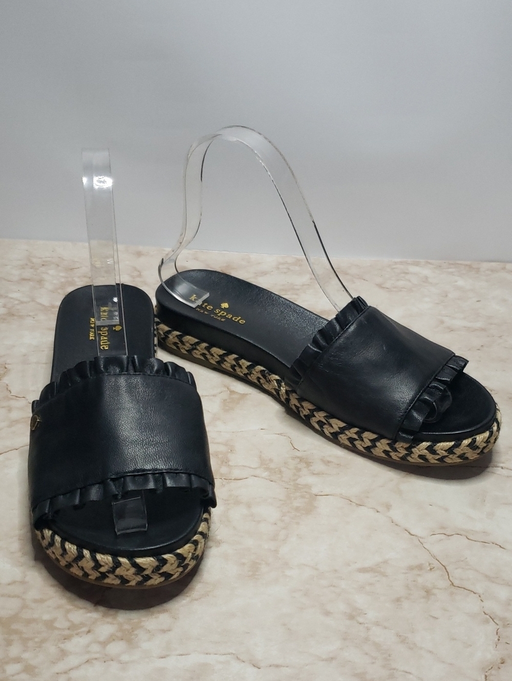 kate spade Black Leather Ruffle Espadrille Slide Sandals with Braided Sole 7.5